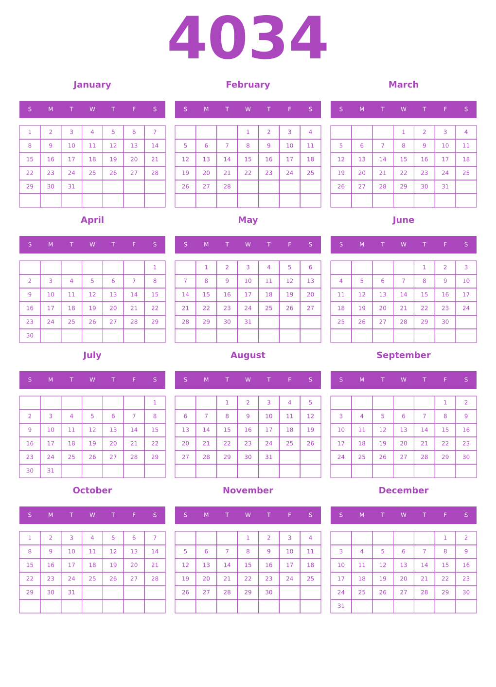 Printable 4034 Year Calendars purple