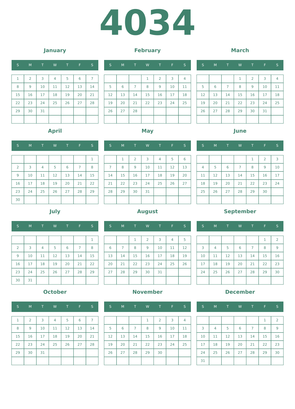 Printable 4034 Year Calendars viridian