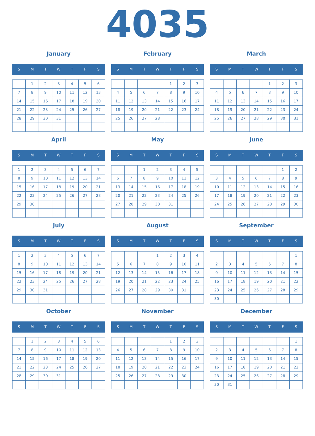 Printable 4035 Year Calendars blue
