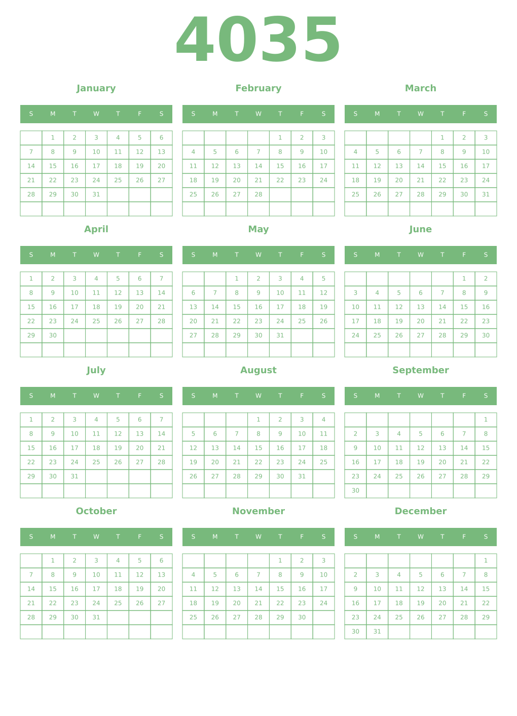 Printable 4035 Year Calendars celadon