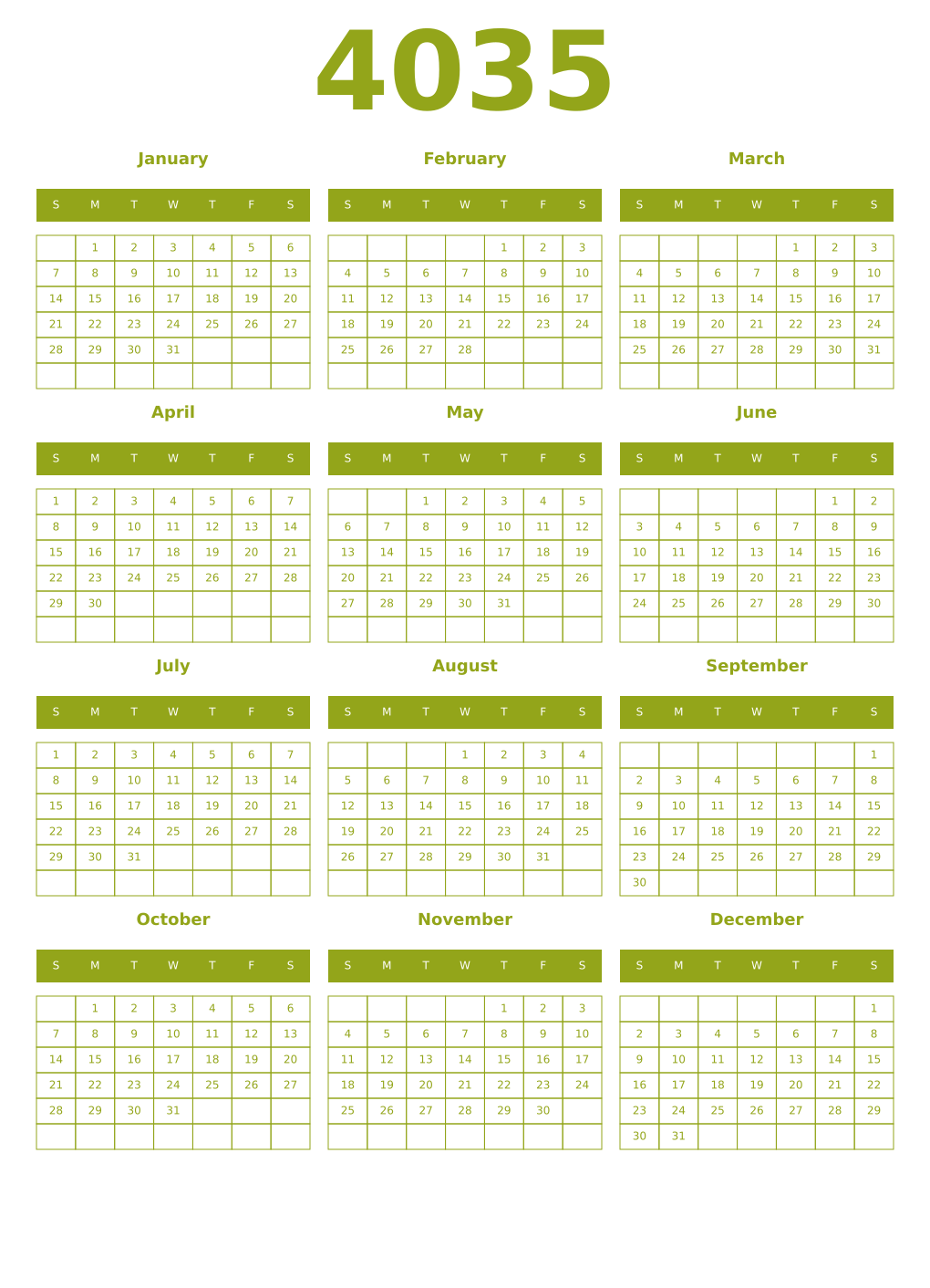 Printable 4035 Year Calendars chartreuse