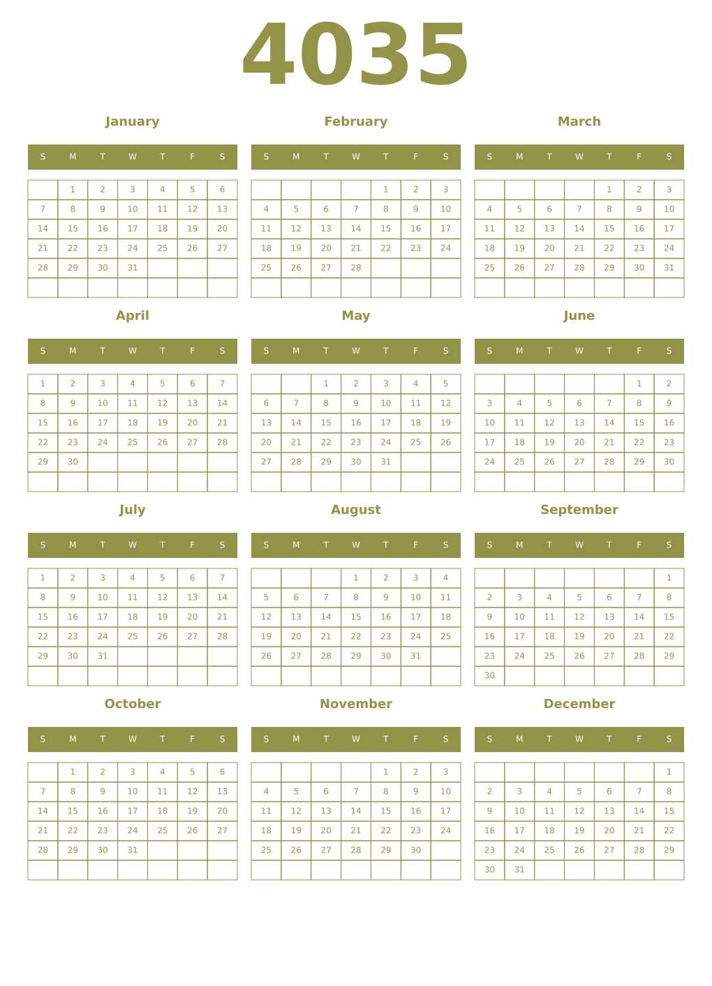Printable 4035 Year Calendars eburnean