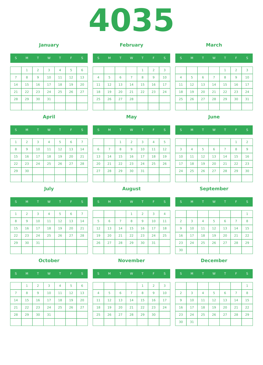 Printable 4035 Year Calendars green