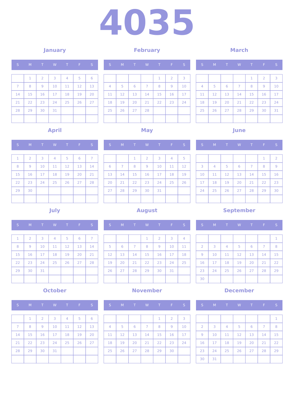 Printable 4035 Year Calendars periwinkle