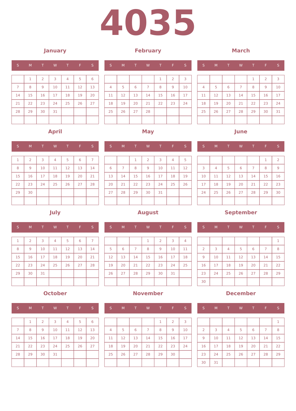 Printable 4035 Year Calendars puce