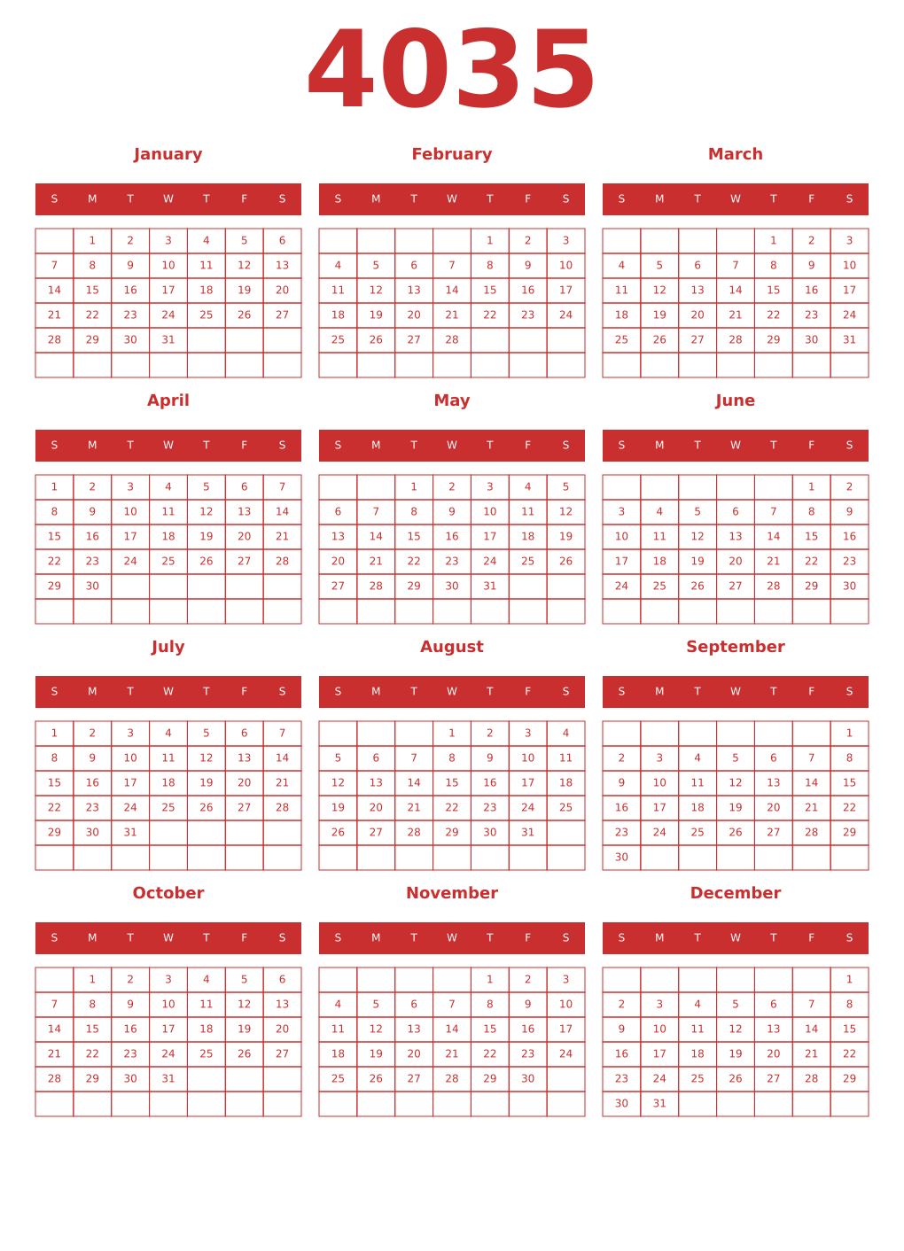 Printable 4035 Year Calendars red
