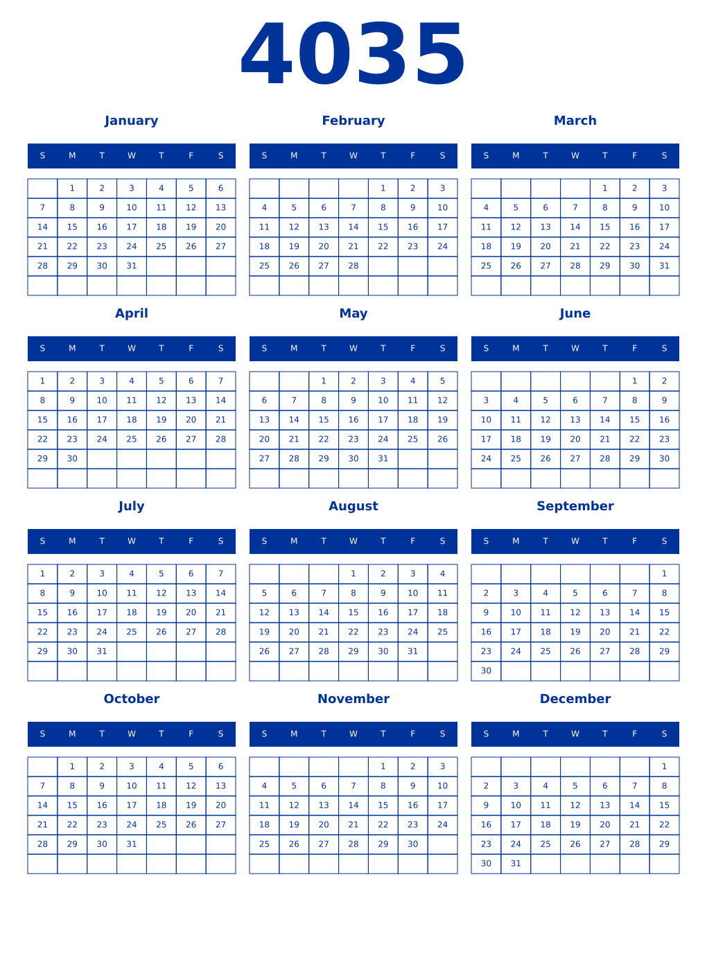 Printable 4035 Year Calendars smalt