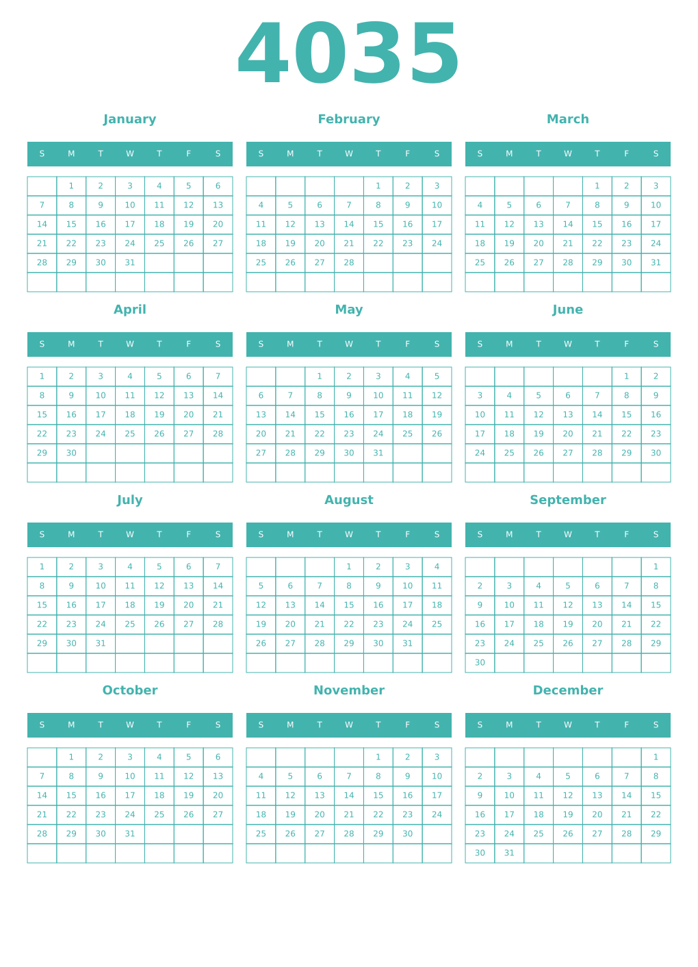 Printable 4035 Year Calendars verdigris