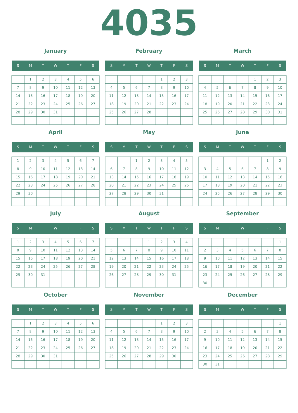 Printable 4035 Year Calendars viridian