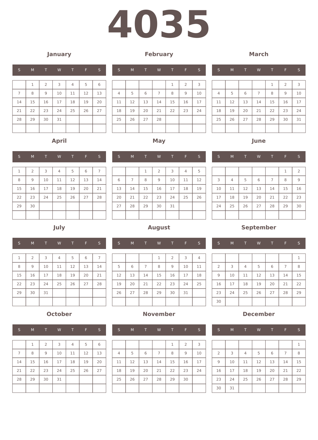 Printable 4035 Year Calendars wenge