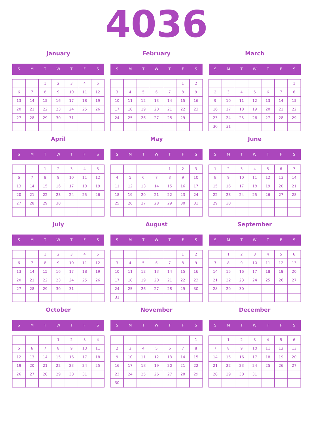 Printable 4036 Calendars