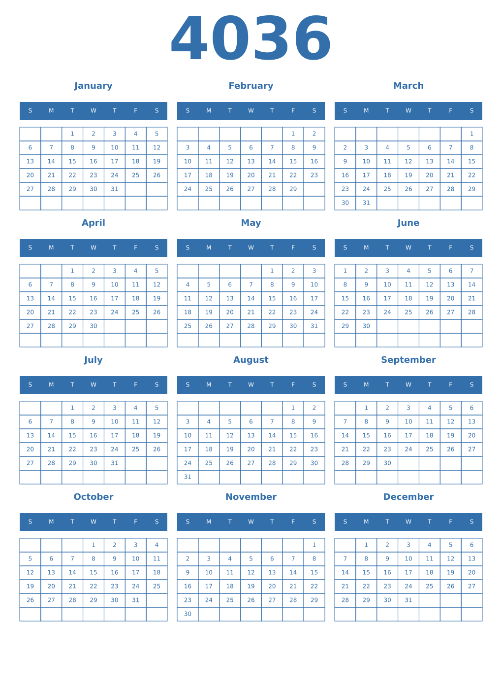 Printable 4036 Year Calendars blue