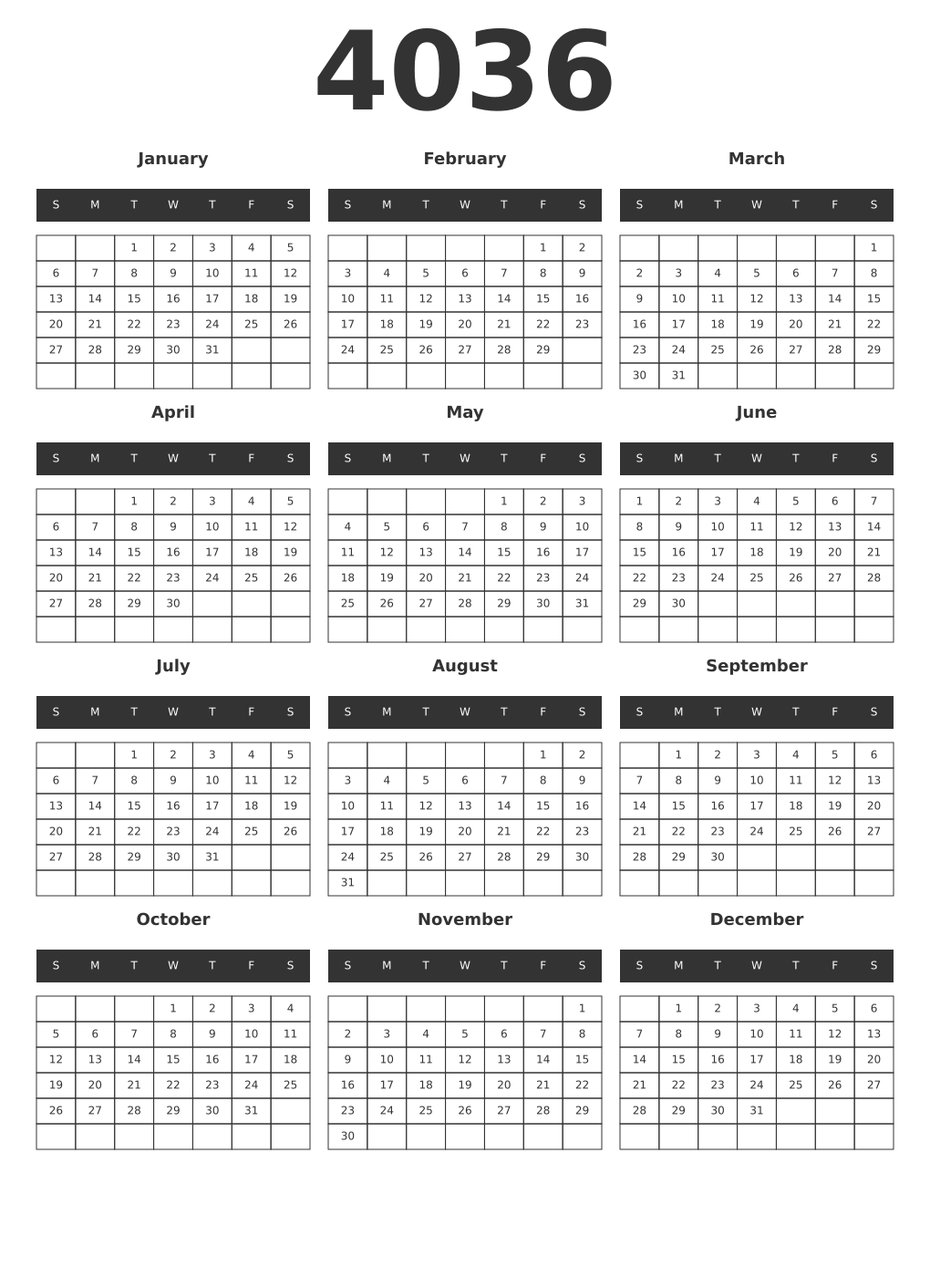 Printable 4036 Year Calendars dark