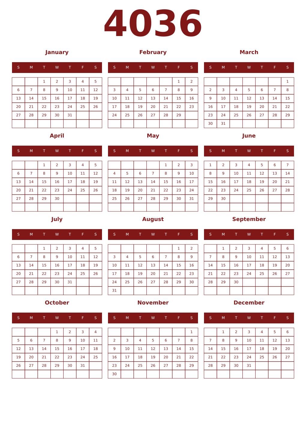Printable 4036 Year Calendars falu