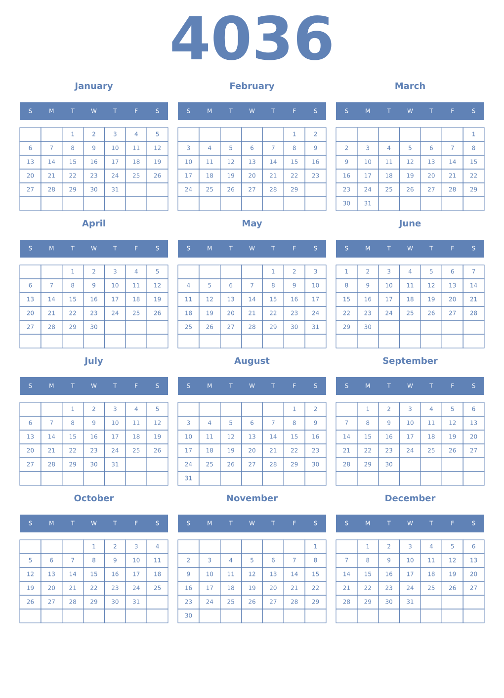 Printable 4036 Year Calendars glaucous