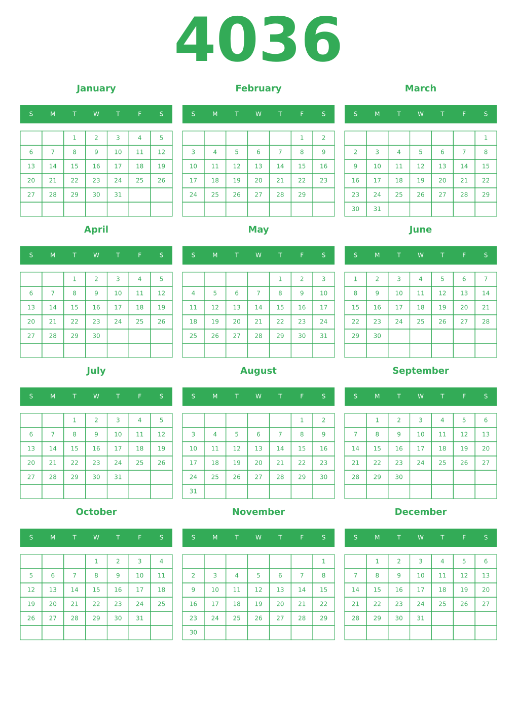 Printable 4036 Year Calendars green