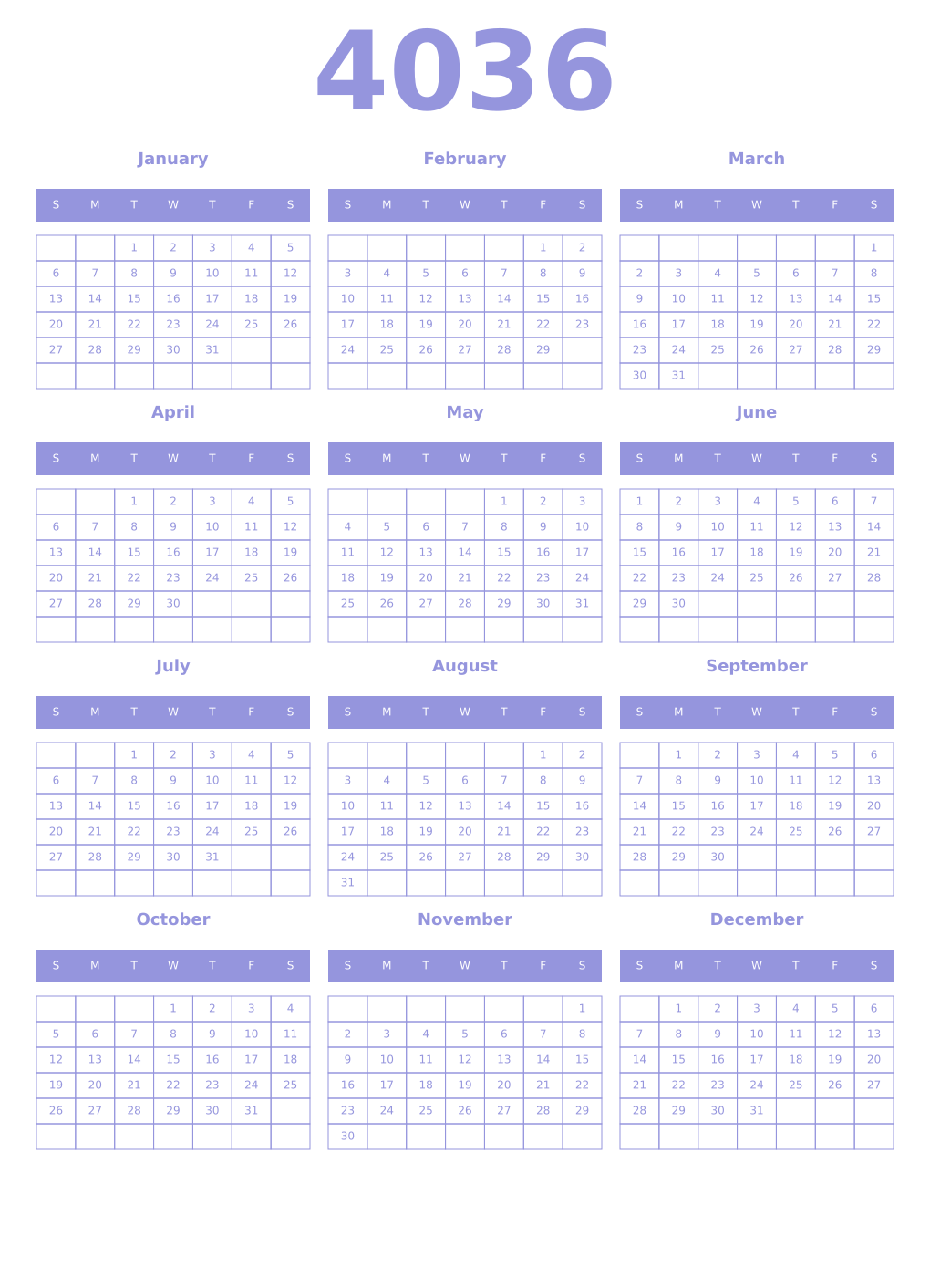 Printable 4036 Year Calendars periwinkle
