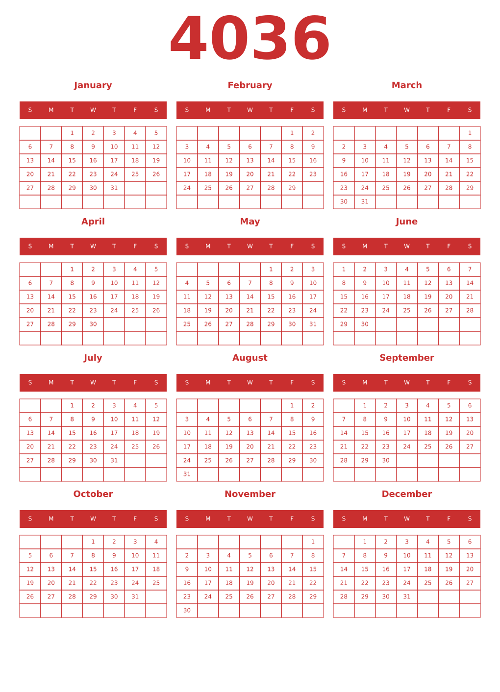 Printable 4036 Year Calendars red