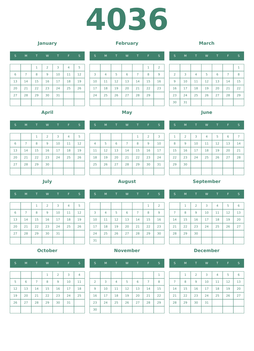 Printable 4036 Year Calendars viridian