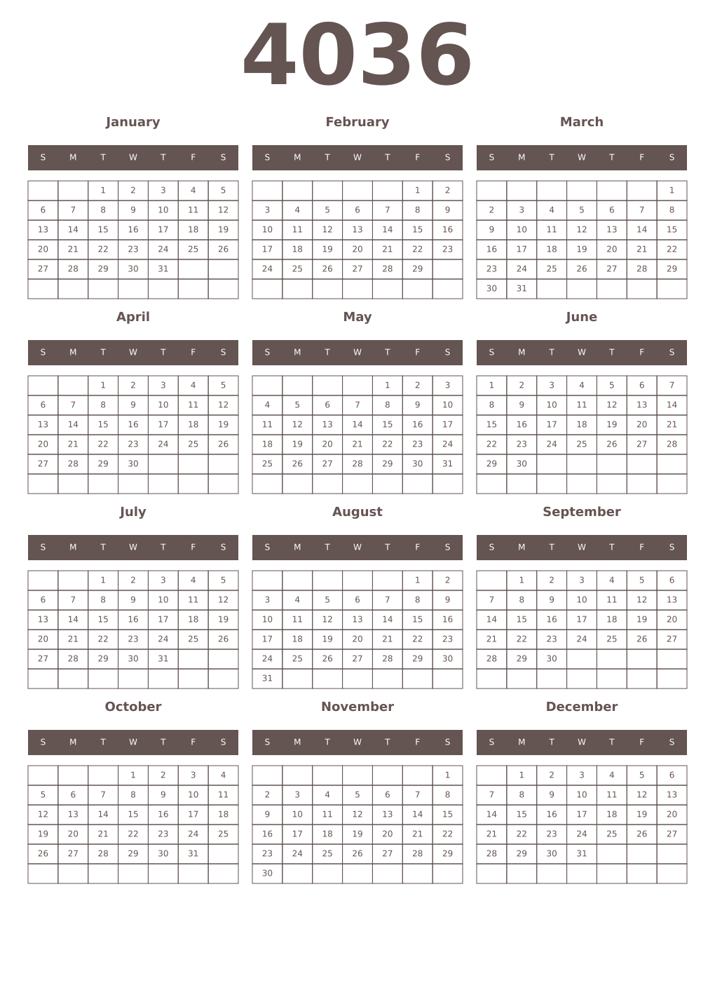 Printable 4036 Year Calendars wenge