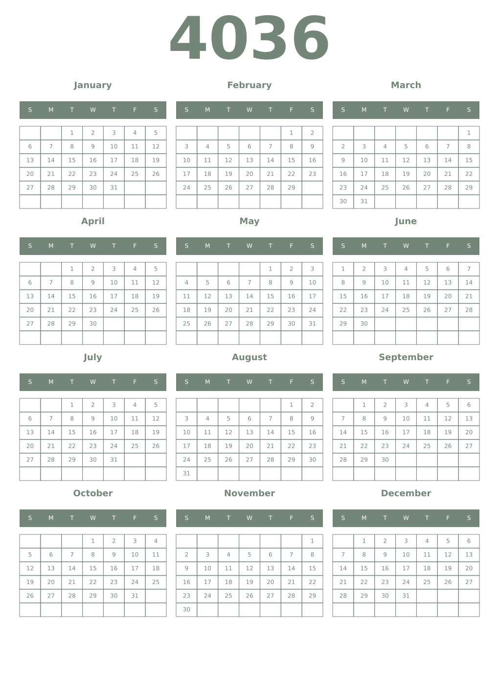 Printable 4036 Year Calendars xanadu