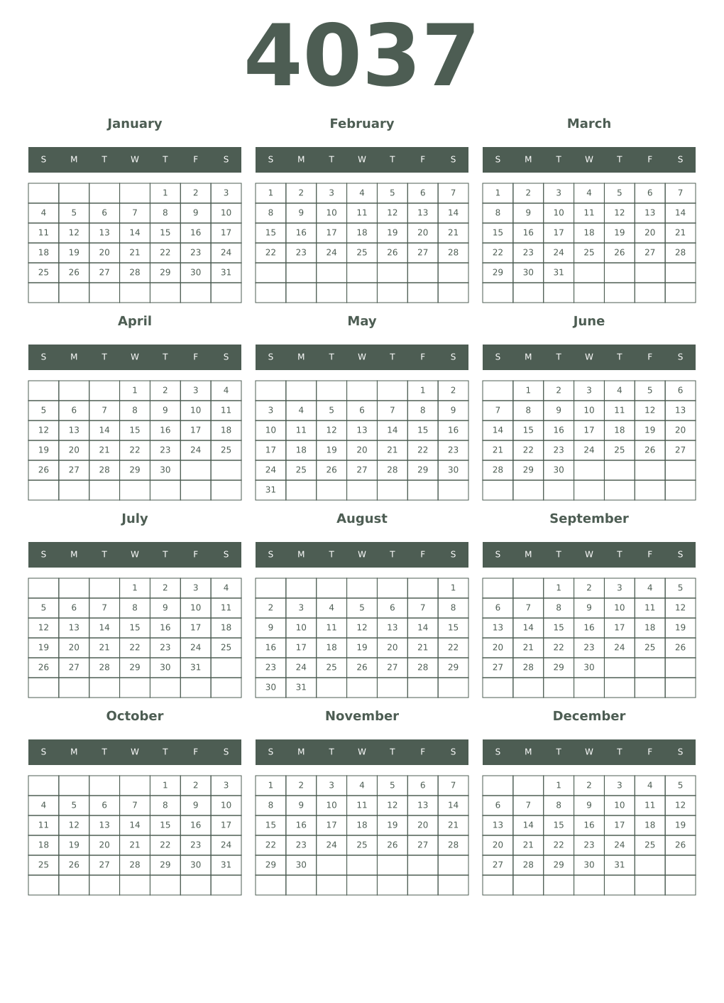 Printable 4037 Year Calendars feldgrau