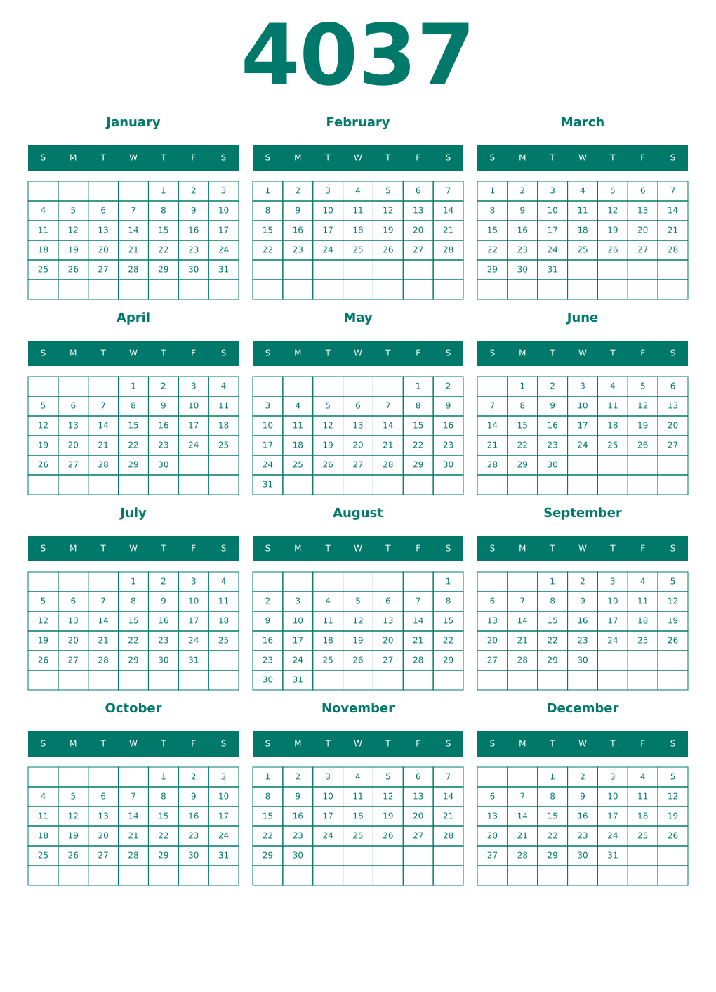 Printable 4037 Year Calendars pastel