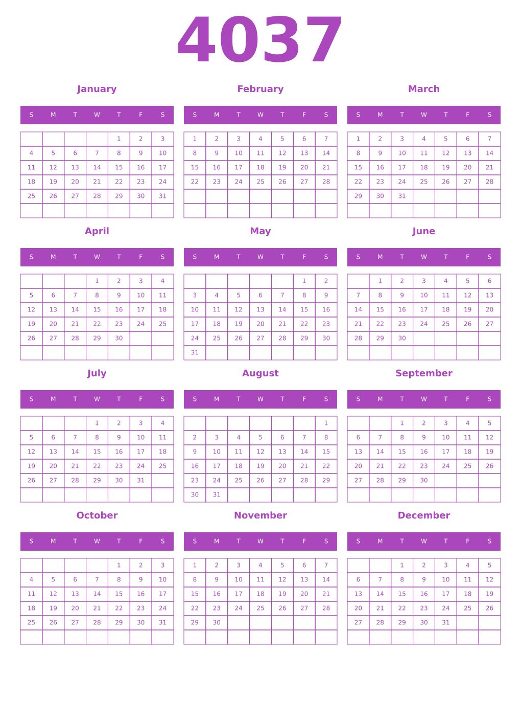 Printable 4037 Year Calendars purple