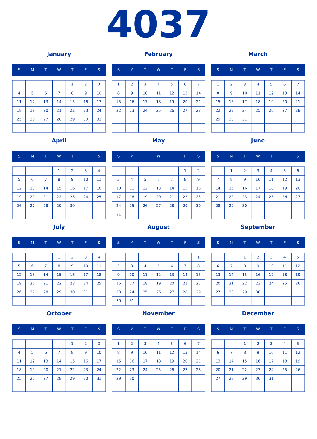 Printable 4037 Year Calendars smalt