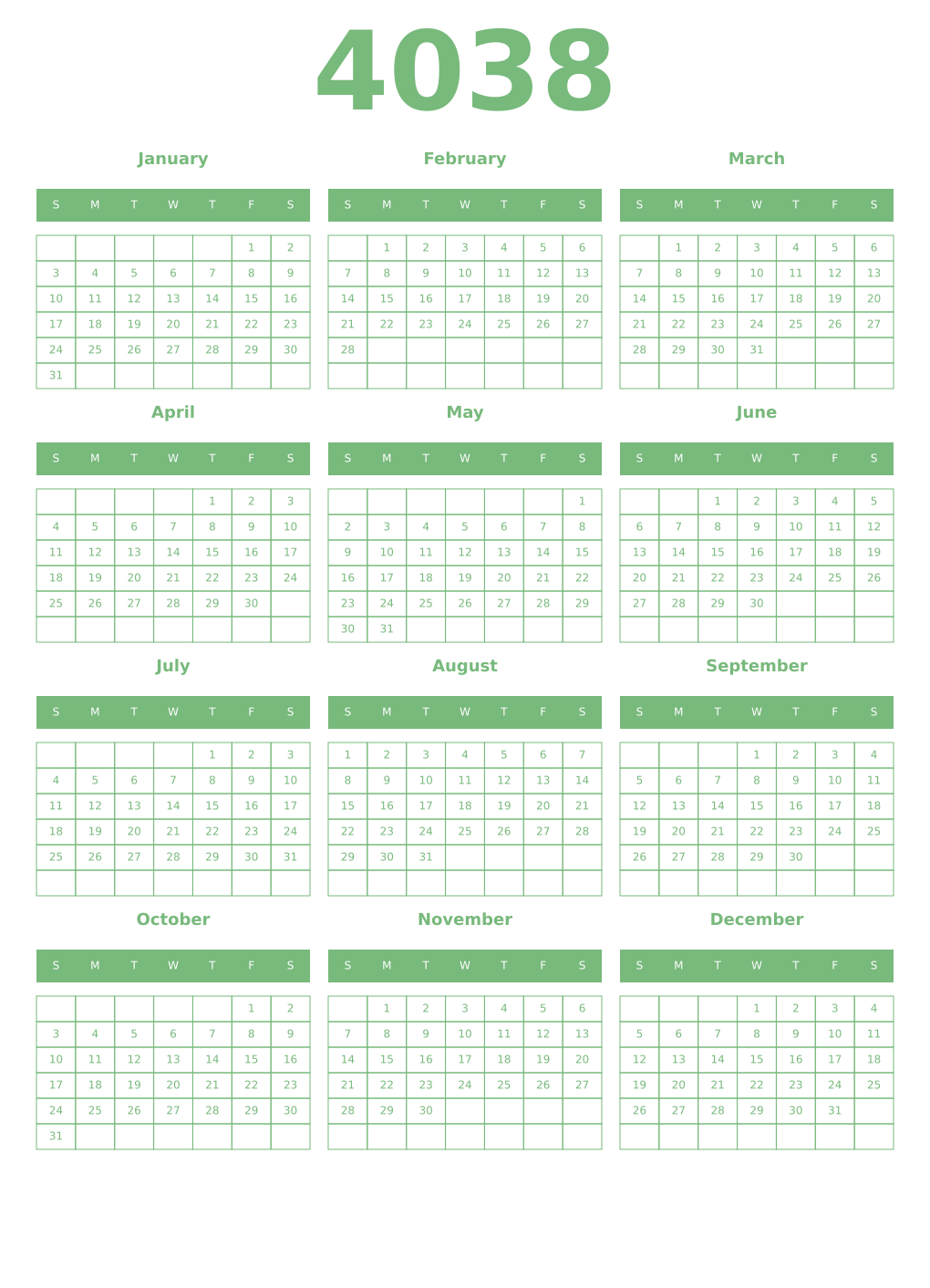 Printable 4038 Year Calendars celadon