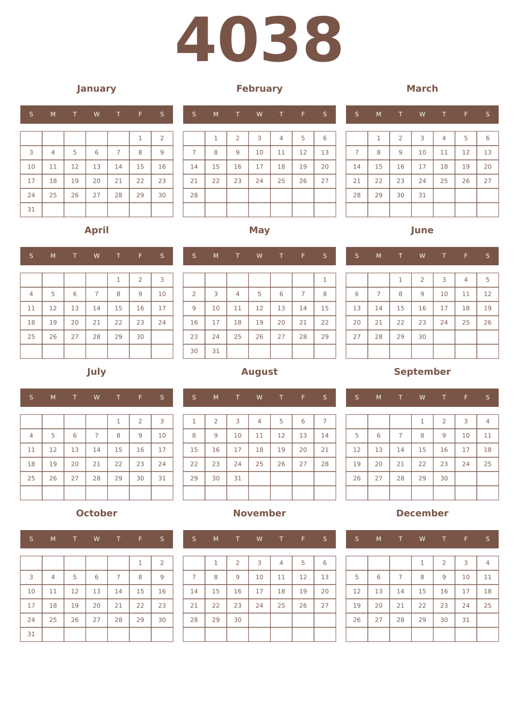 Printable 4038 Year Calendars coffe