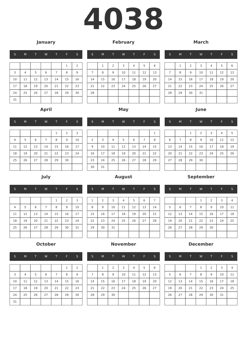 Printable 4038 Year Calendars dark