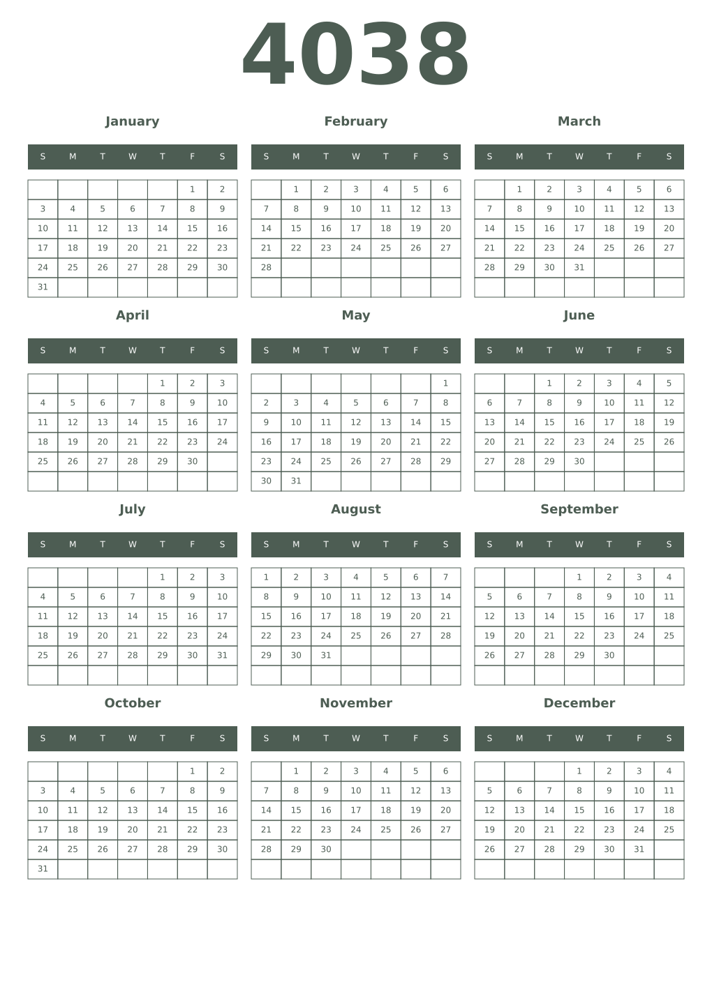 Printable 4038 Year Calendars feldgrau