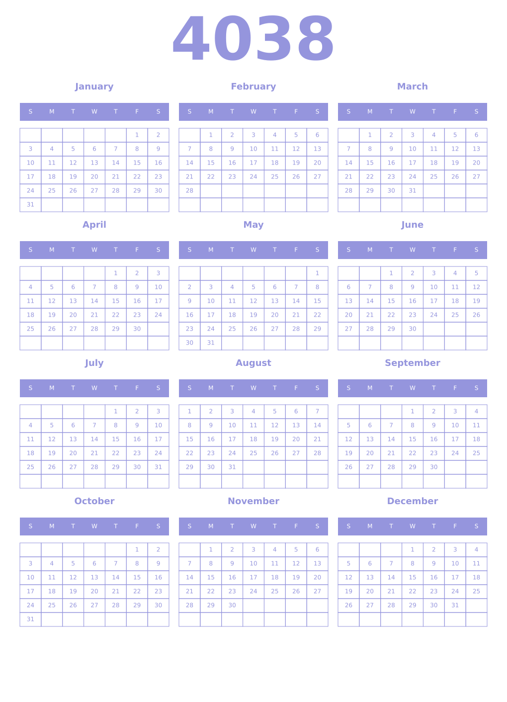 Printable 4038 Year Calendars periwinkle
