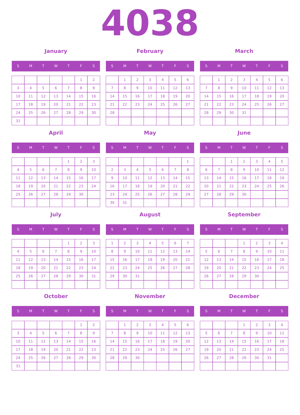 Printable 4038 Year Calendars purple
