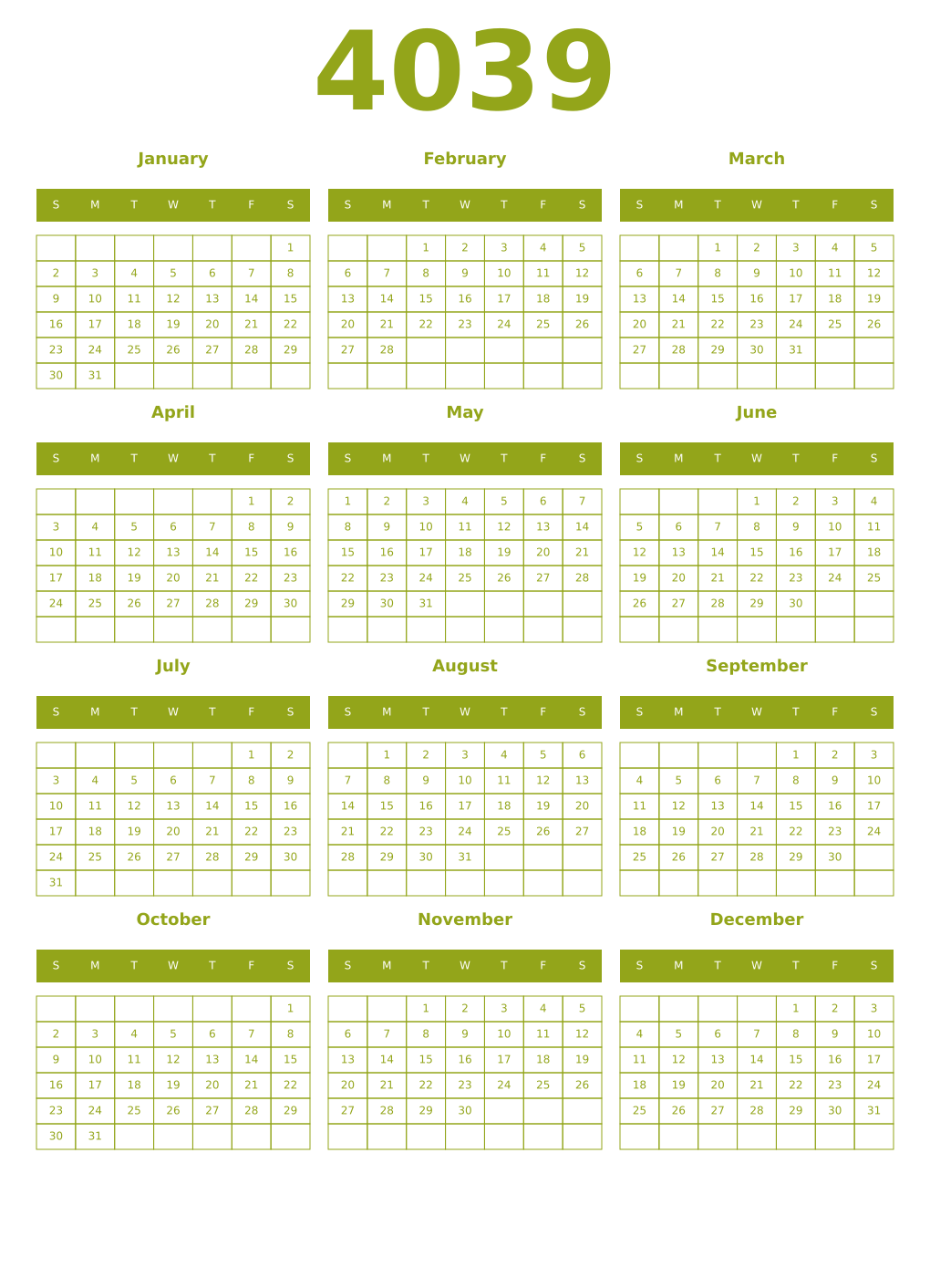 Printable 4039 Year Calendars chartreuse