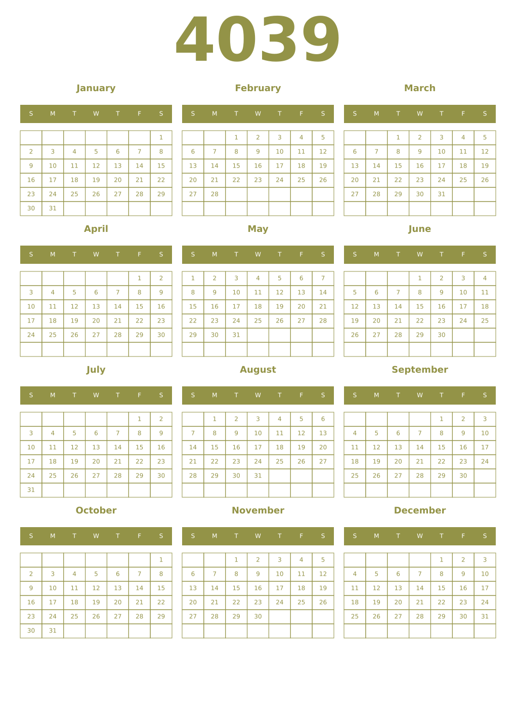 Printable 4039 Year Calendars eburnean