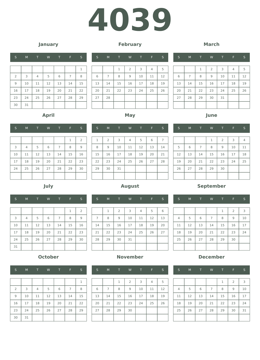Printable 4039 Year Calendars feldgrau