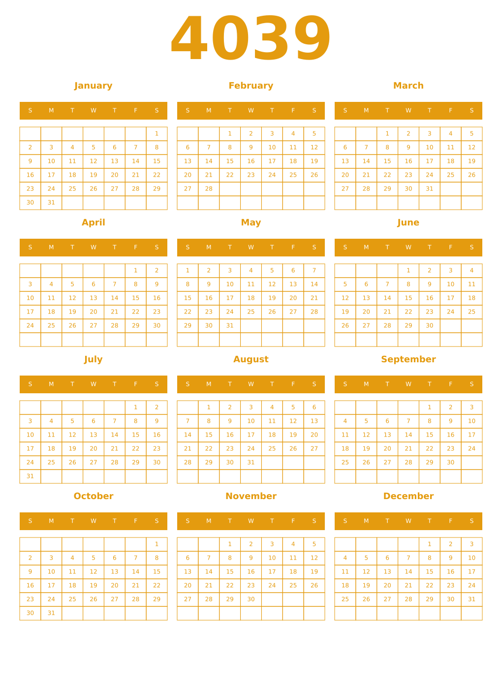Printable 4039 Year Calendars gamboge
