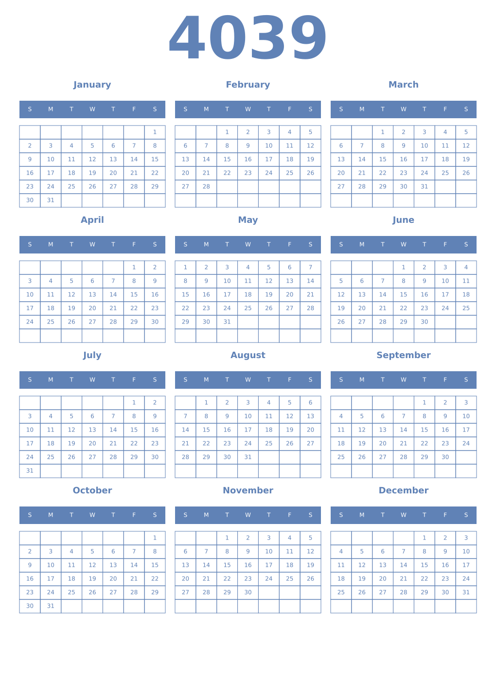 Printable 4039 Year Calendars glaucous