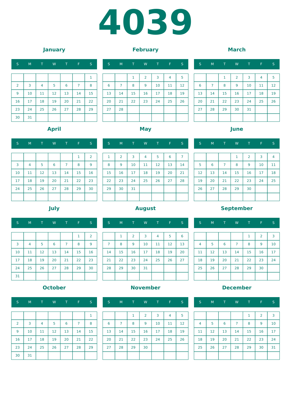 Printable 4039 Year Calendars pastel