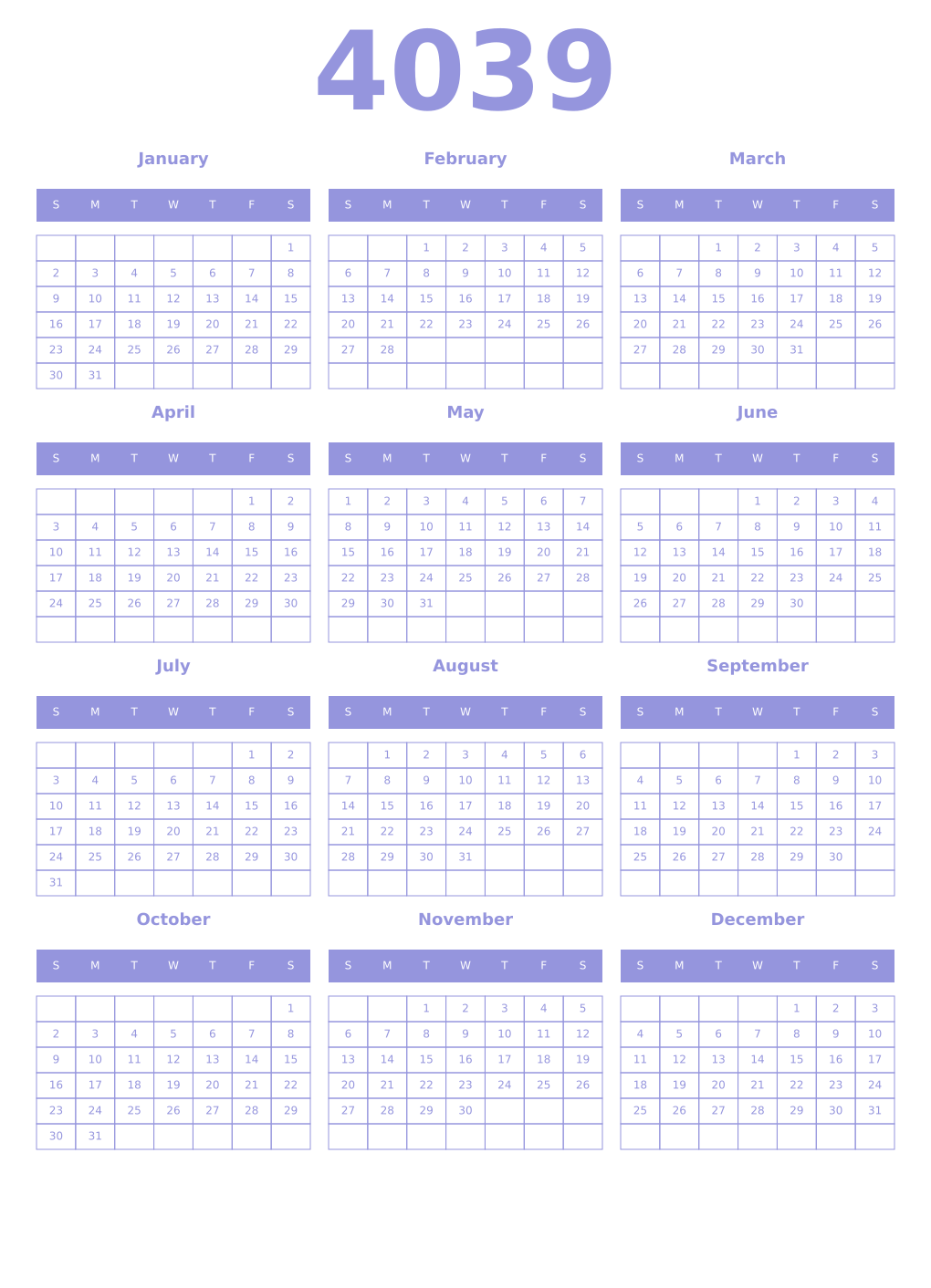 Printable 4039 Year Calendars periwinkle