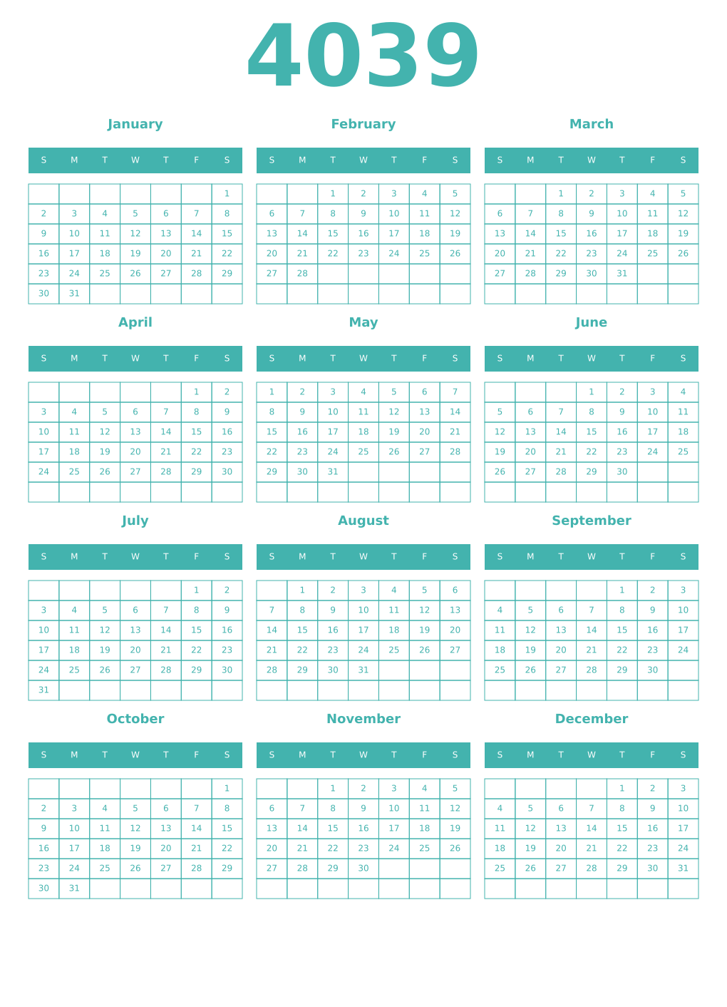 Printable 4039 Year Calendars verdigris
