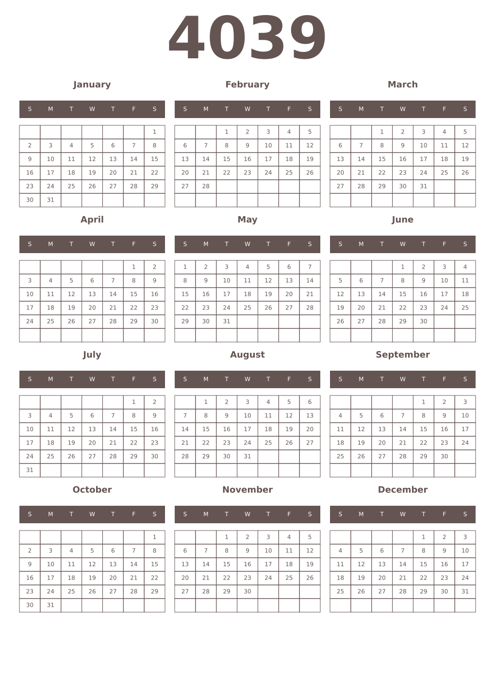 Printable 4039 Year Calendars wenge