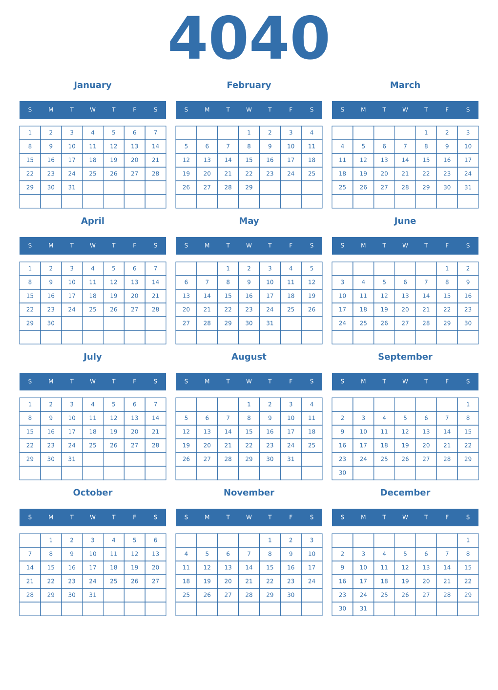 Printable 4040 Year Calendars blue