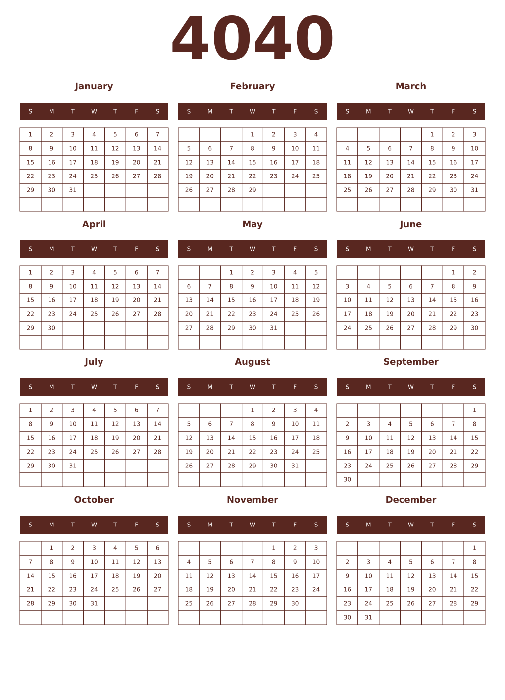 Printable 4040 Year Calendars mortuum