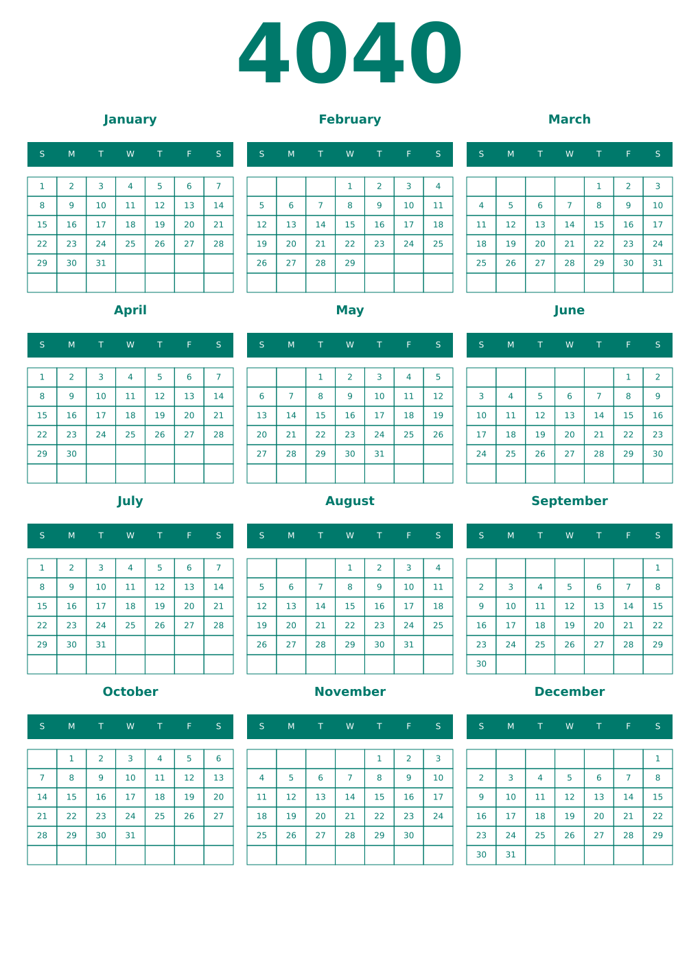 Printable 4040 Year Calendars pastel