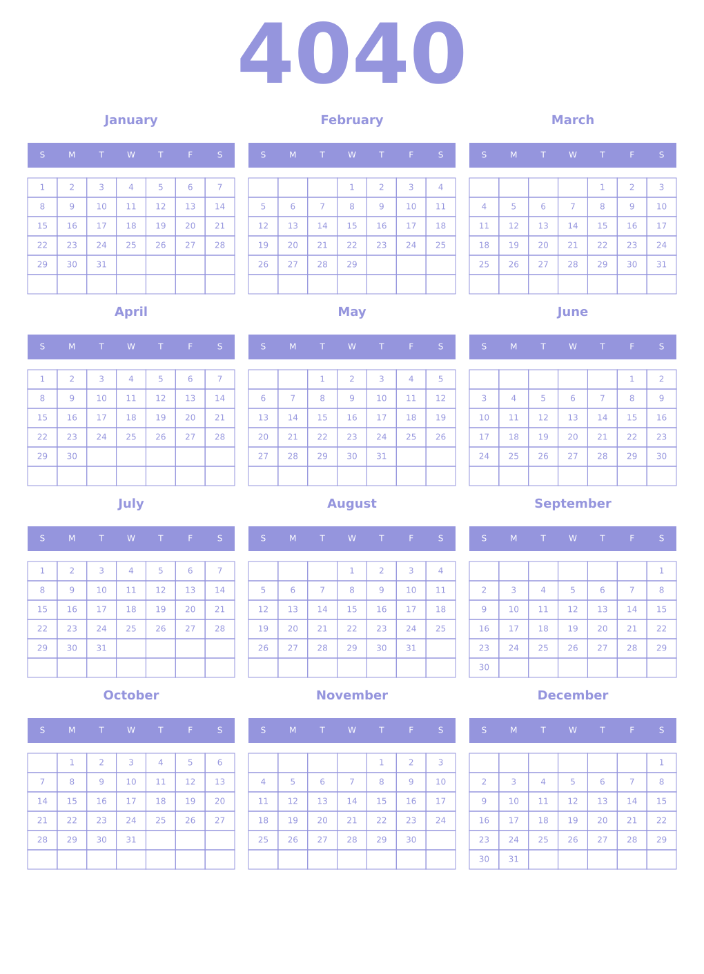 Printable 4040 Year Calendars periwinkle