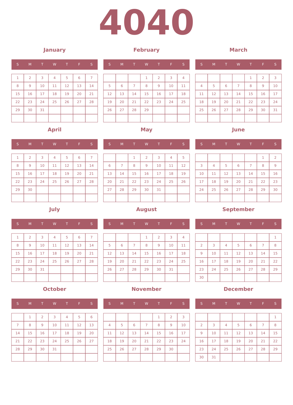 Printable 4040 Year Calendars puce