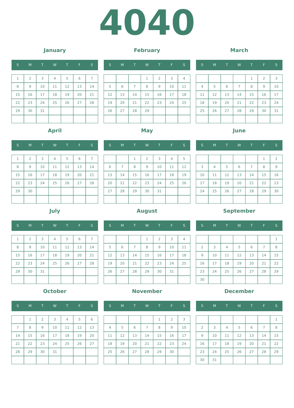 Printable 4040 Year Calendars viridian